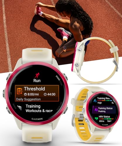 Image of Garmin Forerunner 570 42mm Advanced GPS Running & Triathlon Smartwatch AMOLED Display Training & Recovery Features, Raspberry Aluminum w /Translucent Bone /Mango Band w / Wearable4U White Earbuds Bundle