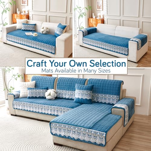 Image of HOKIPO 'BelleLace Series' Imperial Milk Velvet Sofa Cover Mat with Lace Design| Make Your Own Sofa Cover Set, Mat Length 90(D) x 180(L) cm, Celdaon Blue (AR-5967-BL)
