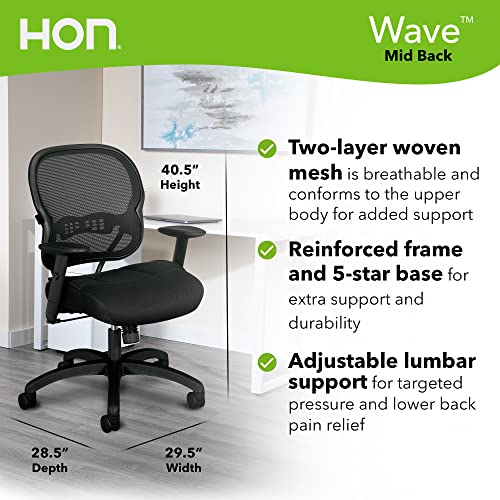 Hon Wave Office Chair Mid Back Mesh Ergonomic Computer Desk Chair - Adjustable Arms, Lumbar Support, Synchro-Tilt Tension Angle Lock Recline, Comfortable Cushion, 360 Swivel Rolling Wheels - Black #TOP1