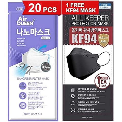[20 Pack] [Air Queen] White 3-Layers Face Safety Mask for Adult + 1 [Black] All Keeper KF94 Mask [Individually Packaged] [Both Made in KOREA] Cover