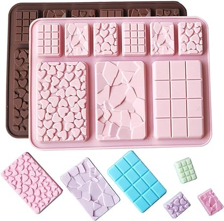 Assorted Chocolate Bar Mould Silicone Chocolate Bar Moulds Multiple Shapes Mini Heart Cracks Small Cadbury Mold for Cake Decorating Candy Jelly Chocolate Waffle Size (19.8 x14 x 1 Cm)