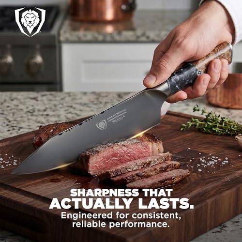 Image of DALSTRONG Chef Knife - 8 inch - Valhalla Series - Ravenstone Black Blade Titanium Coated - Premium 9CR18MOV HC Steel - Resin & Wood Handle - Razor Sharp - Kitchen Cooking Chef's Knife - Leather Sheath