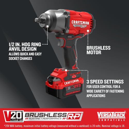 Image of CRAFTSMAN V20 RP Impact Wrench, Cordless, Brushless, High Torque, 1 /2 Inch, 4Ah Battery and Charger Included (CMCF940M1)