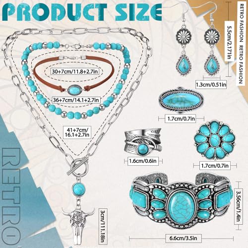 Image of Ecally Bohemian Western Jewelry Turquoise Set Women Country Pendant Long Choker Layered Bracelets Earrings Ring for Women