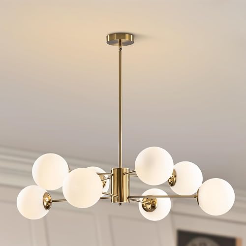BOKT 8-Lights Large Gold Globe Chandelier Mid Century Modern Sputnik Light Fixture Brushed Brass Chandelier Ceiling Light White Glass Ball Sputnik Pendant Light
