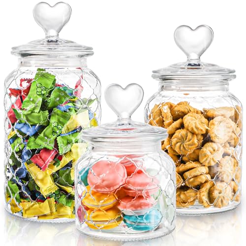 Image of Hiceeden Set of 3 Cute Glass Jars with Airtight Lids, Candy & Cookie Food Storage Containers with Heart-shaped Handle, Glass Canister with Grid Texture for Coffee Beans, Flour, Sugar, 22 /32 /45oz