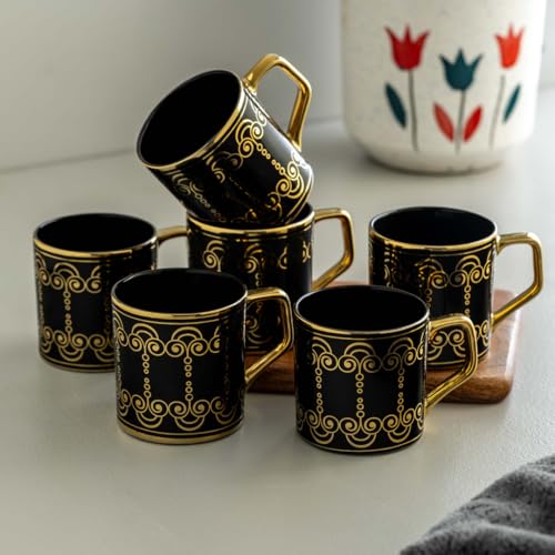 Image of Clay Craft Premium Ceramic Tea & Coffee Cups Set of 6 - Black & Gold Printed Designer Mugs with Golden Handle | Elegant Luxury Pattern | Ideal for Home, Office & Gifting