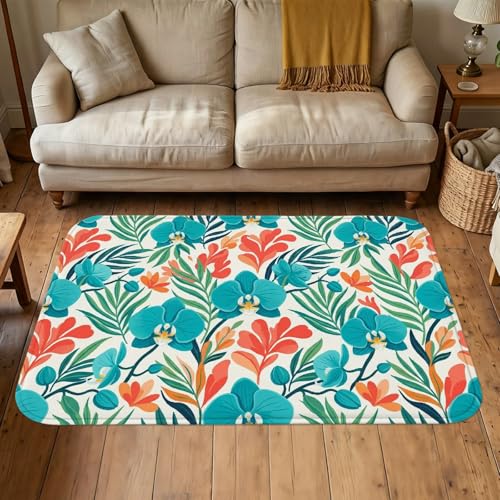 Tapis orchidée et feuille tropicale 90x150 cm turquoise éponge
