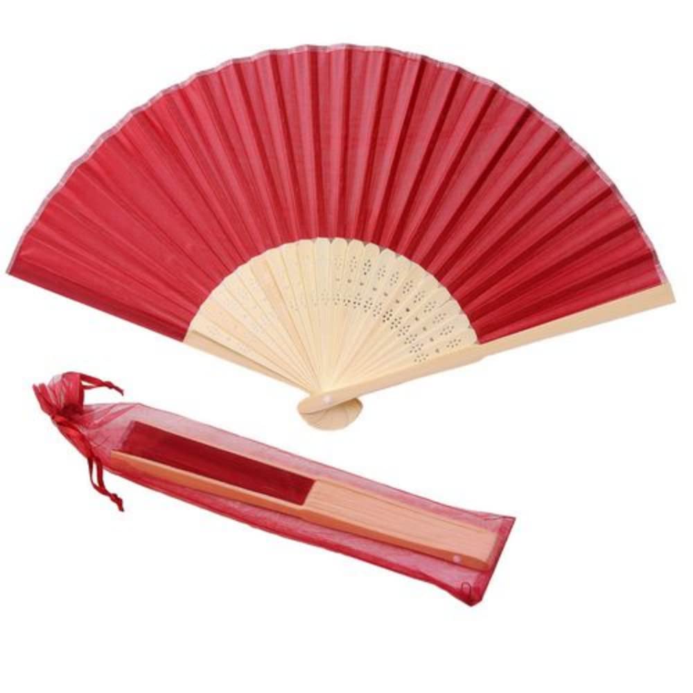 Éventail de mariage personnalisé en bambou rouge vin avec sac en organza x40