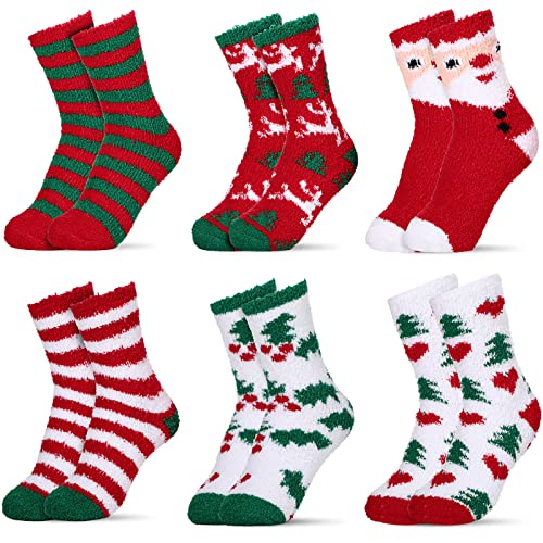 Image of Haysandy 6 Pairs Christmas Fuzzy Socks Gifts Bulk Xmas Holiday Fluffy Socks Women Men Kids Winter Warm Slipper Socks