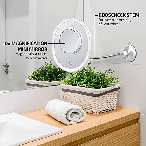 Image of OVENTE 9'' Rechargeable Lighted Wall Mount Bathroom Mirror, White MOW22W | Touch Screen Dimmable LED Lights, Includes Mini Magnetic 10X Magnifier, Flexible Gooseneck, Suction Mount and Micro USB Cable