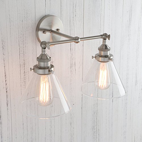 Image of PERMO Industrial Vintage Slope Pole Wall Mount Single Sconce with Funnel Flared Clear Glass Shade Wall Sconce Light Lamp Fixture Hardwired (Antique Gold) (Brushed, Funnel Flared 2-Light Hardwired)