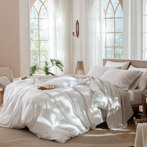 Image of MooMee Striped Sheet Set 100% Washed Cotton Linen Like Queen | Relaxed Linen-like Texture. Soft, Breathable & Lightweight Comfort. 15-19 inch Extra Deep Pocket with All-around Elastic