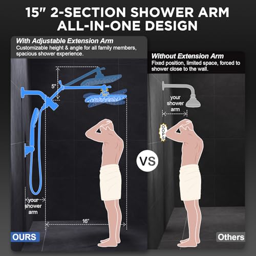 Image of Veken 11.8 inch Rain Shower Head with Handheld, High Pressure Handheld Shower with Multi Spray Modes, Rainfall Combo with 15 inch Metal Extension Arm, Detachable Dual Shower and Power Jet, Chrome Silver