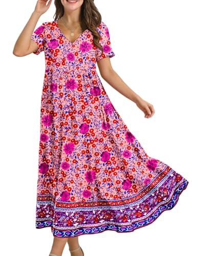 Image of YESNO Women's Summer Maxi Dresses Casual Floral Short Sleeve V Neck Boho Beach Vacation Swing Dress with Pockets EVF