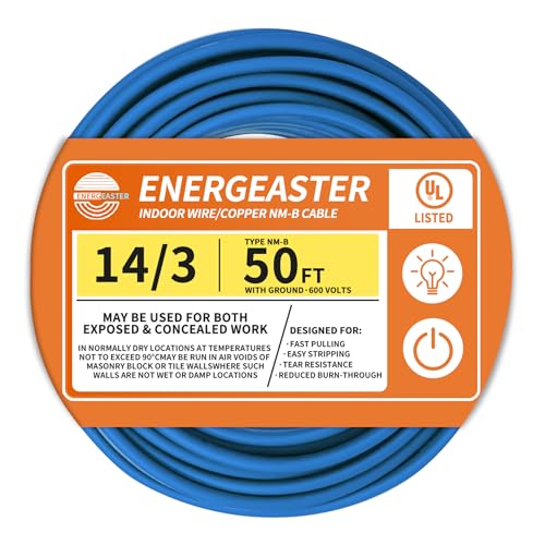 Solid Indoor 14/3 Type NM-B Pure Copper Cable 50FT Blue 14 AWG 3 Conductors with Ground Wire