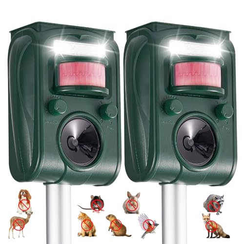 Upgraded Ultrasonic Deer Repellent Devices Motion Detection, Sloar Waterproof Cat Repellent Outdoor 5 Adjustable Modes, Squirrel Raccoon Rabbit Dog Repellent Deterrent for Yard, 2P