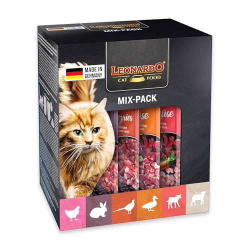 LEONARDO Katzenfutter nass 6x85g Mix-Pack Finest Selection Nassfutter ohne Getreide und Zucker für ausgewachsene Katzen mit Huhn Fasan Kaninchen Ente Kalb & Lamm Made in Germany