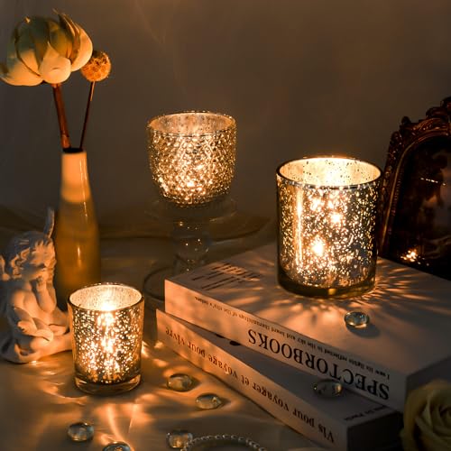 Toptime ZHUTTPYIN5P Votive Candle Holders, Silver Glass Candle Holder Set Of 5 With Tray And Clear Pebbles, Mercury Christmas Tealight Candle Holder, Speckled Votive Holders Decor For New Year Wedding Party thumb #2
