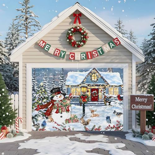 RisQiten Christmas Garage Door Banner Cover, Farmhouse Snowman Hanging Garage Door Decorations, Xmas Tree Snowflake Holiday Garage Door Covers Backdrop for Party Indoor Outdoor Wall Decor 7x8Ft