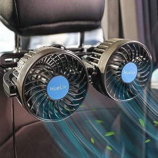 HueLiv Car Fan 12V for Backseat | Dual Head Electric Carseat Fan | Portable Brushless Car Fans 360°Rotatable Cooling Rear Seat Vehicle Air Fan with Cigarette Lighter Plug for Truck Van SUV RV Boat