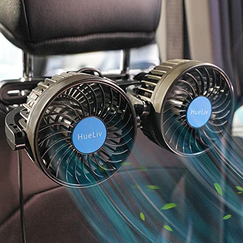 HueLiv Car Fan 12V for Backseat | Dual Head Electric Carseat Fan | Portable Brushless Car Fans 360°Rotatable Cooling Rear Seat Vehicle Air Fan with Cigarette Lighter Plug for Truck Van SUV RV Boat