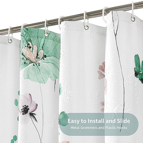 Image of QiyI Watercolor Floral Shower Curtain, 3D Embossed Textured Sage Green Flower Bathroom Curtain, Modern Minimalist White Cloth Bath Curtain, Waterproof Fabric Shower Curtain Set with Hooks, 72x72 Inch