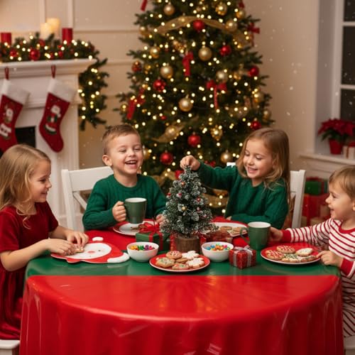 Image of Remagr 6 Pcs Round Plastic Tablecloth 84 Inch Disposable Tablecloth Party Table Cover for Graduation Wedding Birthday Retirement Decoration (Red,Green)