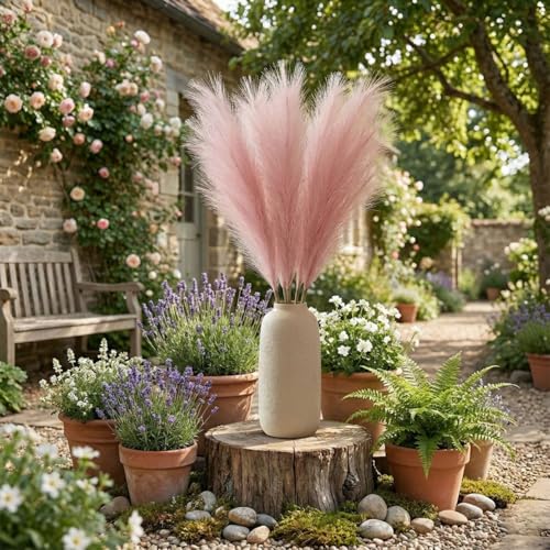 Image of Pack of 4 Pcs Artificial Flowers Faux Pampas Grass Small Fake Flower Plant for Home Decor, Office, Bedroom, Living Room, Table Decoration, Dried Plants (Without Vase Pot) (Pink)