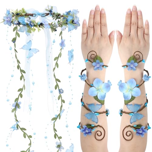 Fairy Crown with Arm Wraps - 3 Pcs Renaissance Accessories Fairy Costume Adult Women Blue Butterfly Flower Headband with Vine Tessel Renfaire Woodland Fairycore Elven Fantasy Cosplay Outfit