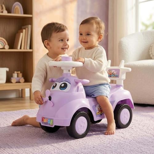 Image of Kids Ride On Purple Car for Toddlers with Steering Wheel & Backrest | Foot to Floor Baby Push Car | Indoor Outdoor | Strong Wheels & Comfortable Seat | Racing Design for Boys & Girls (1-3 Years)