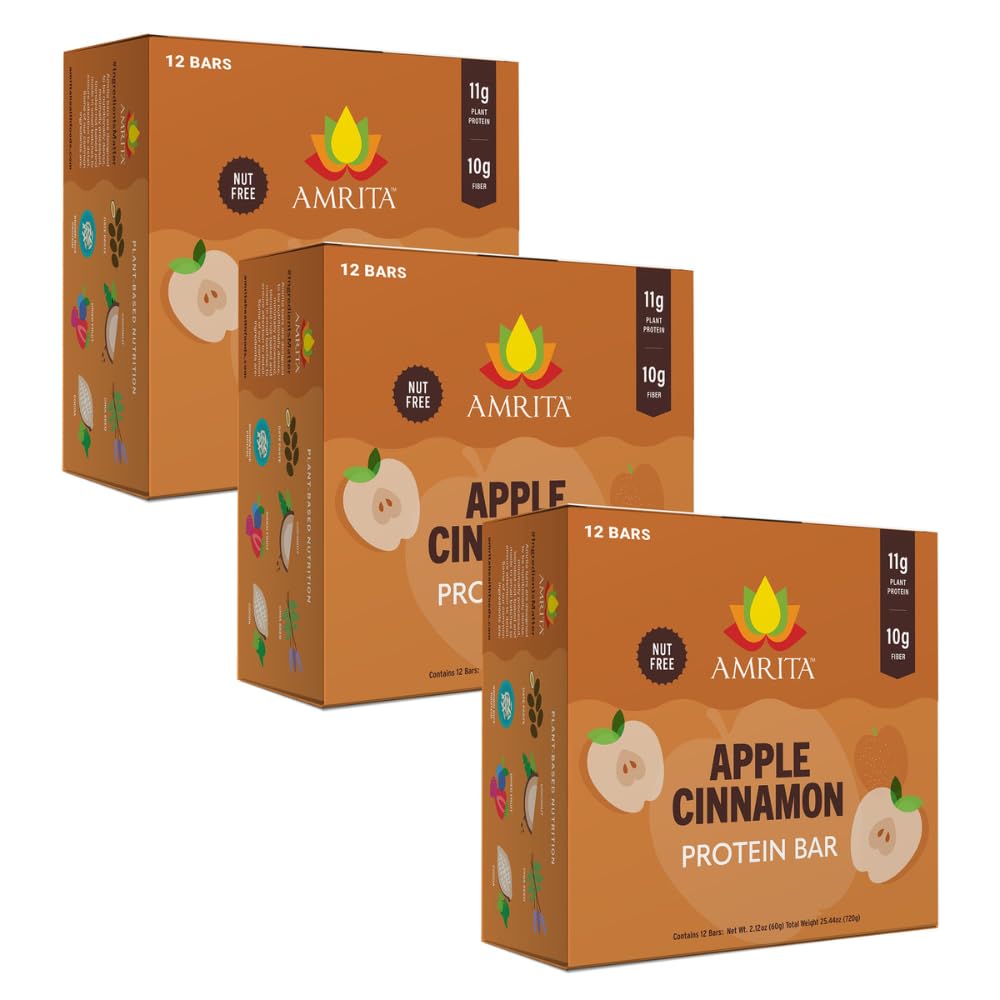 Amrita Nut Free Apple Cinnamon Vegan Protein Bars (12 Count PK of 3) | 11g Plant-Based Protein Bar | Peanut Free, Gluten Free, and Dairy Free | Low