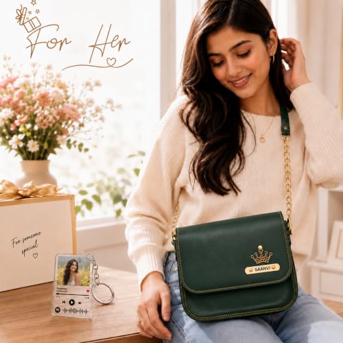 Image of SAVRI Personalized Rakhi Gift for Sister | Customized Leather Sling Bag with Name & Charm and Spotify Photo Keychain with Favourite Song, Personalised Gift Combo for Sister, Behan, Didi- Bro Sis Gift