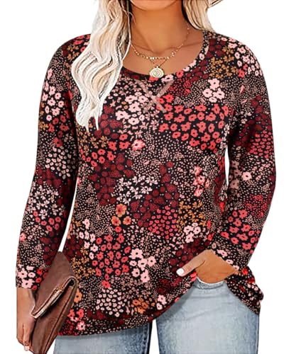 Image of CARCOS Plus Size Tops for Women Color Block Flower /Striped /Camo Crew Neck Long Sleeve Tee Shirt