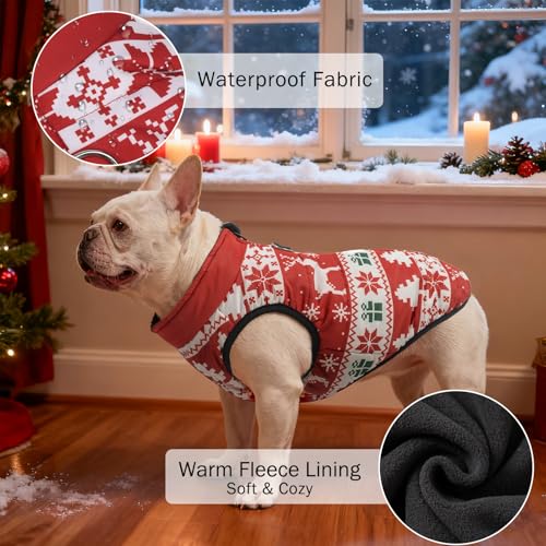 Image of SCENEREAL Christmas Winter Dog Vest Coat with Harness Built in | Cold Weather Coat with Zipper for Small dogs, Fleece Puffer Vest Windproof Snow Clothes