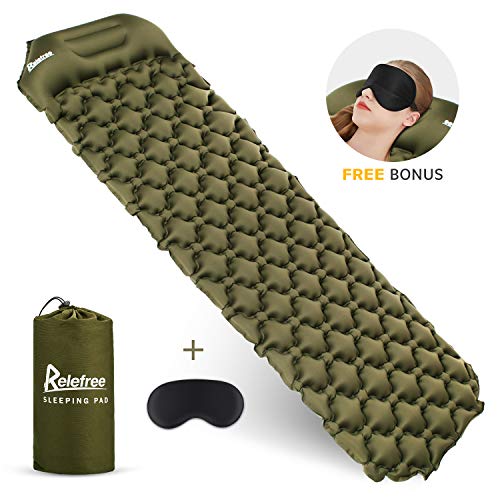 Relefree Esterillas Inflable, Colchoneta para Dormir al Aire Libre, Ultraligera con Almohada, fácil para Llevar, Inflable rápida, regala una Antifaz para Dormir