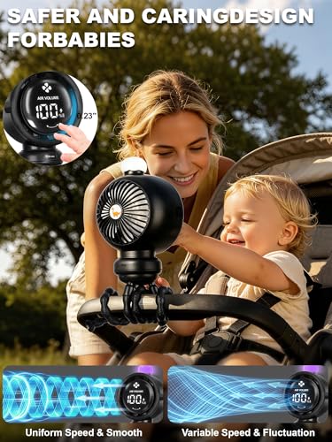 Image of Portable Stroller Fan with 135 Auto Oscillation, 3-Color LED Night Light, Rechargeable Battery & Flexible Tripod for Baby Stroller, Car Seat, Crib, Travel - Safe 6mm Gap Design