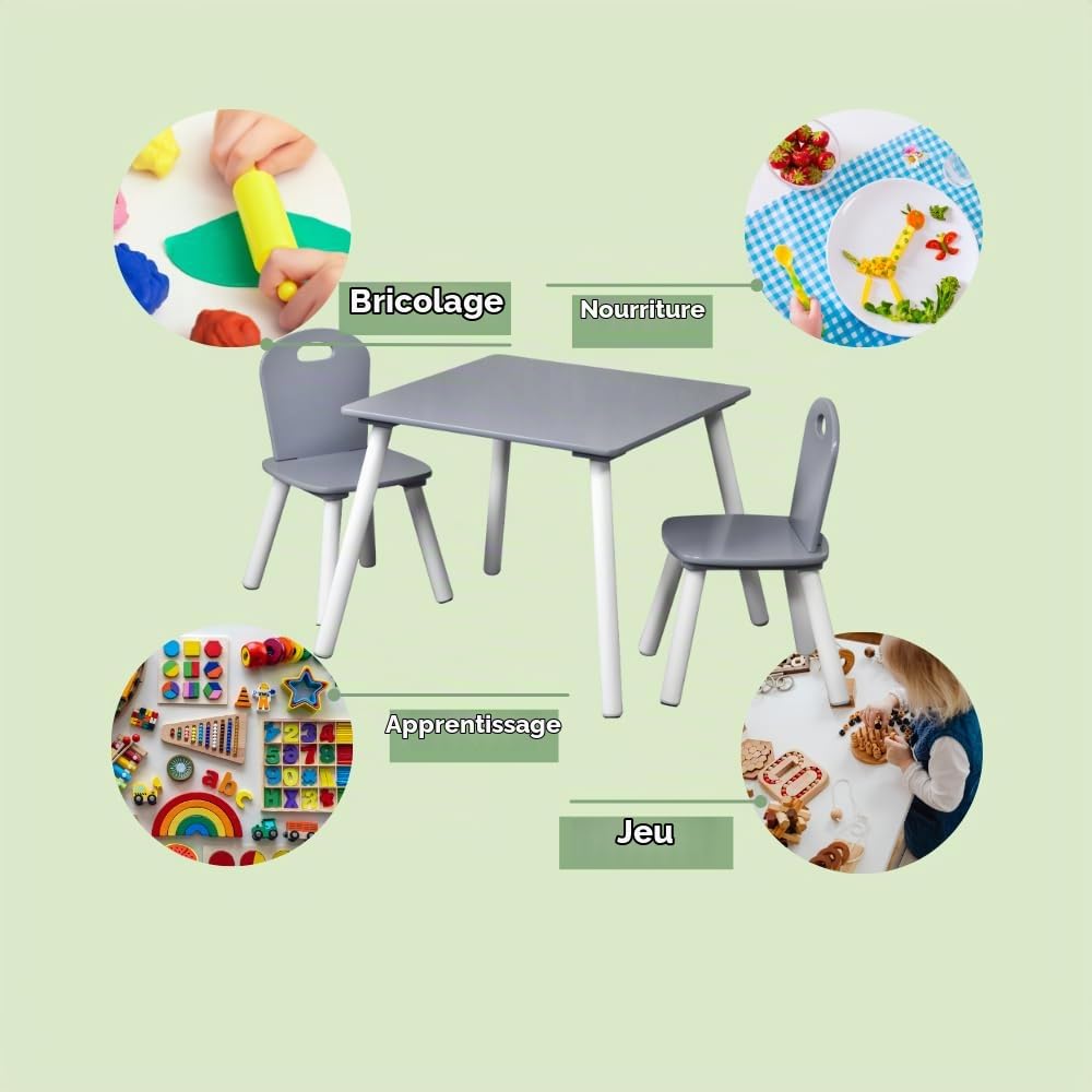 Kesper | Table pour Enfant avec 2 chaises, matériau : Panneau de Fibres, Dimensions : 55 x 55 x 45 cm, Couleur : Blanc, Gris | 17732 13