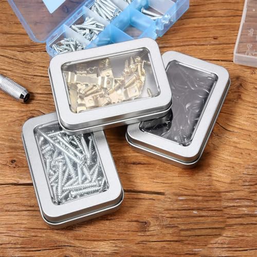 Image of AKOAK 4 Pcs Metal Rectangular Empty Hinged Tins, 3.4x2.4x0.7 Inch Portable Clear Top Box Containers Small Storage Kit with Lid, Home Organizer for Storage Drawing Pin Candies Jewelry Crafts, Silver