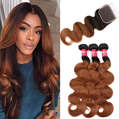 Haha Ombre Bundles With Closure Body Wave Ombre Human Hair Bundles with Closure 1B/30 10A Remy Virgin Hair Colored Bundles with Closure Brown 18 20 22 +16