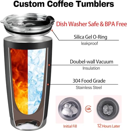 Image of Personalized Coffee Tumbler with Picture Text Logo, Custom 20oz Insulated Stainless Steel Travel Mug with Lids, Personalized Birthday Gifts for Women Men, Custom Coffee Tumbler Cup