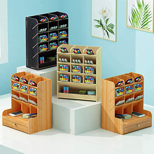 Image of Wooden Desk Organizer, Multi-Functional DIY Pen Holder Storage Box Desktop Stationary Storage Rack for Home, Office and School (Black)