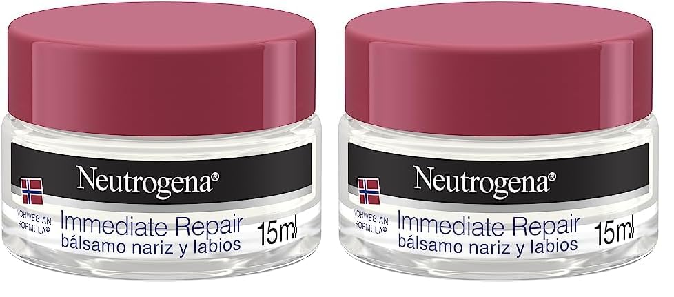 Neutrogena Fórmula Noruega Immediate Repair Bálsamo Nariz y Labios (15 ml), crema hidratante facial de rápida absorción, protector labial y nasal para labios agrietados y nariz reseca con Glicerina