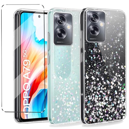 1Pcs Cover Glitter Bling e 1Pcs Vetrino Compatible con OPPO A79 antiurto Custodia piu Vetro temperato con protezione OPPO A79 Pellicola protettiva Clear