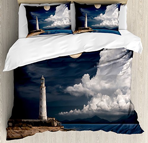Ambesonne-Lighthouse-Duvet-Cover-Set-Lighthouse-Moonlight-Island-Large-Clouds-Sea-Seaside-Waterfront-Night-Time-Bay-Decorative-3-Piece-Bedding-Set-with-2-Pillow-Shams-King-Size-Navy-Blue 51tK+RDLpnL