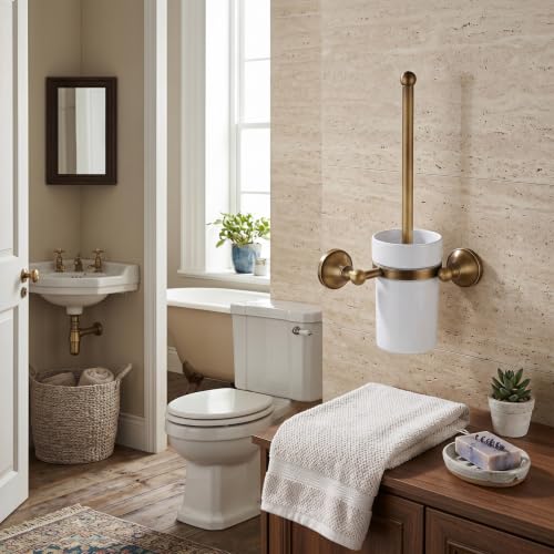 Image of Elegant European Antique Bronze Toilet Brush Holder Set, Wall Mounted Brass Bathroom Accessories Set (Golden)