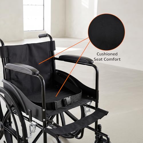 Image of Amazon Basics Foldable Wheelchair | Adjustable Armrests & Footrests | Comfortable Cushioned Seat | Steel Frame | Easy to Manoeuvre for Indoor & Outdoor Use | Elderly & Patient Care