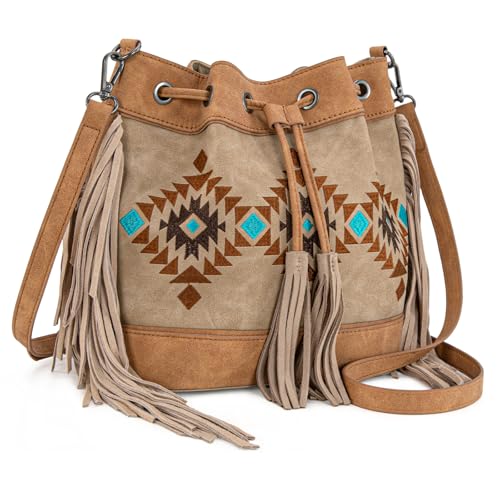 Montana West Aztec Bucket Bags for Women Western Fringe Crossbody Bag Ladies Vintage Drawstring Bucket Bag
