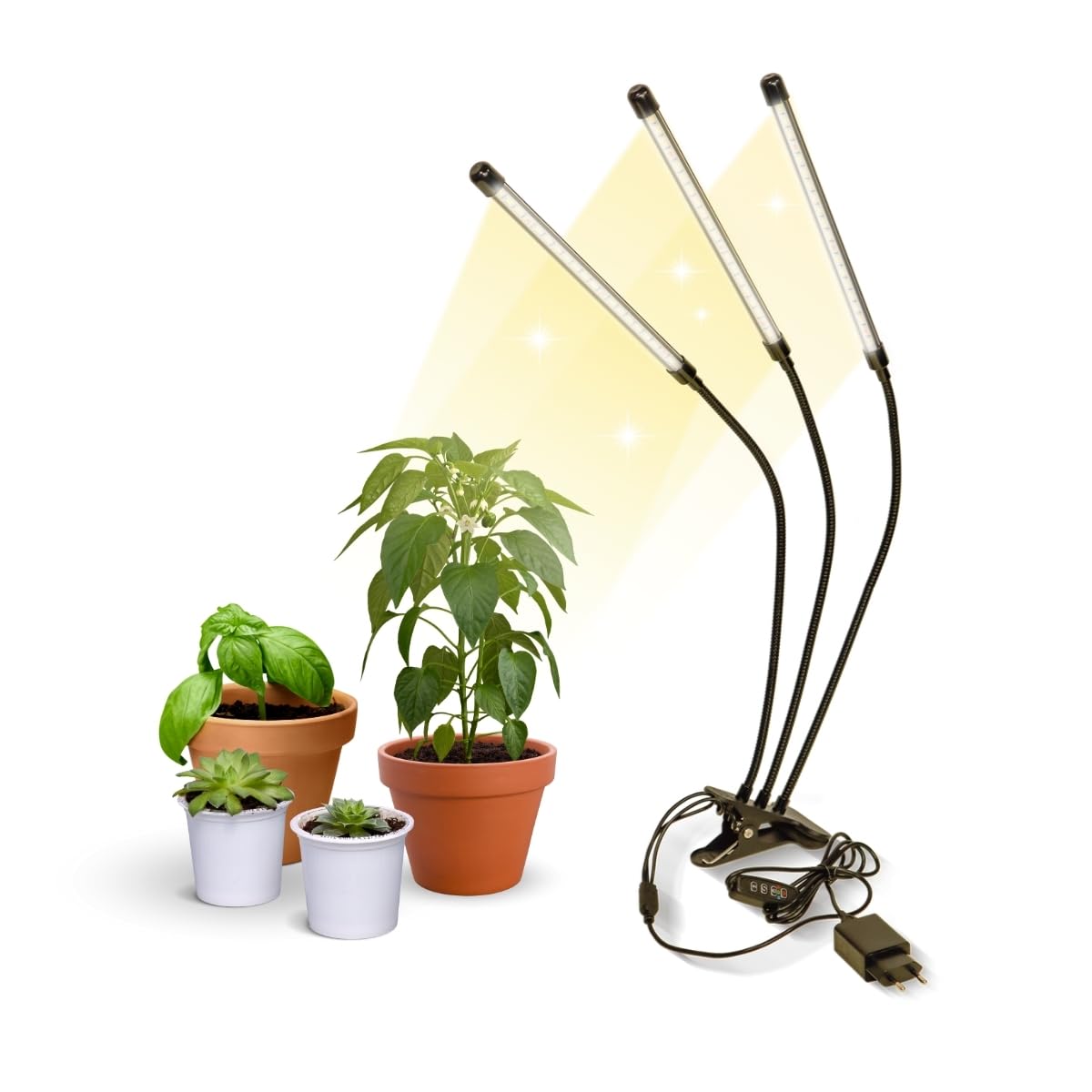 Mobiclinic®, Lámpara de cultivo LED, GrowFlex X3, 3 Modos, 6000K, 10 Niveles de brillo, 3 Cabezales, Espectro completo, Temporizador, Giro 360º, 60W, Flexible, Plantas de interior, USB