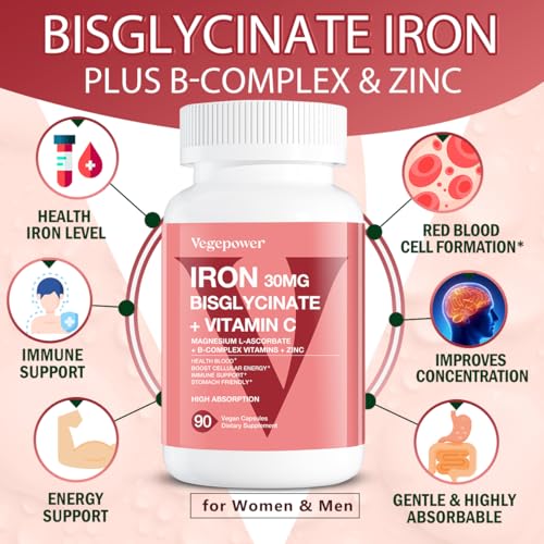 Iron Supplements for Women Men, Vegan Iron Bisglycinate 30mg Plus Vitamin C, B12, Folic Acid - Iron Pills for Anemia, Health Blood & Energy Support - Gentle, High Absorption, Non-GMO - 90 Capsules